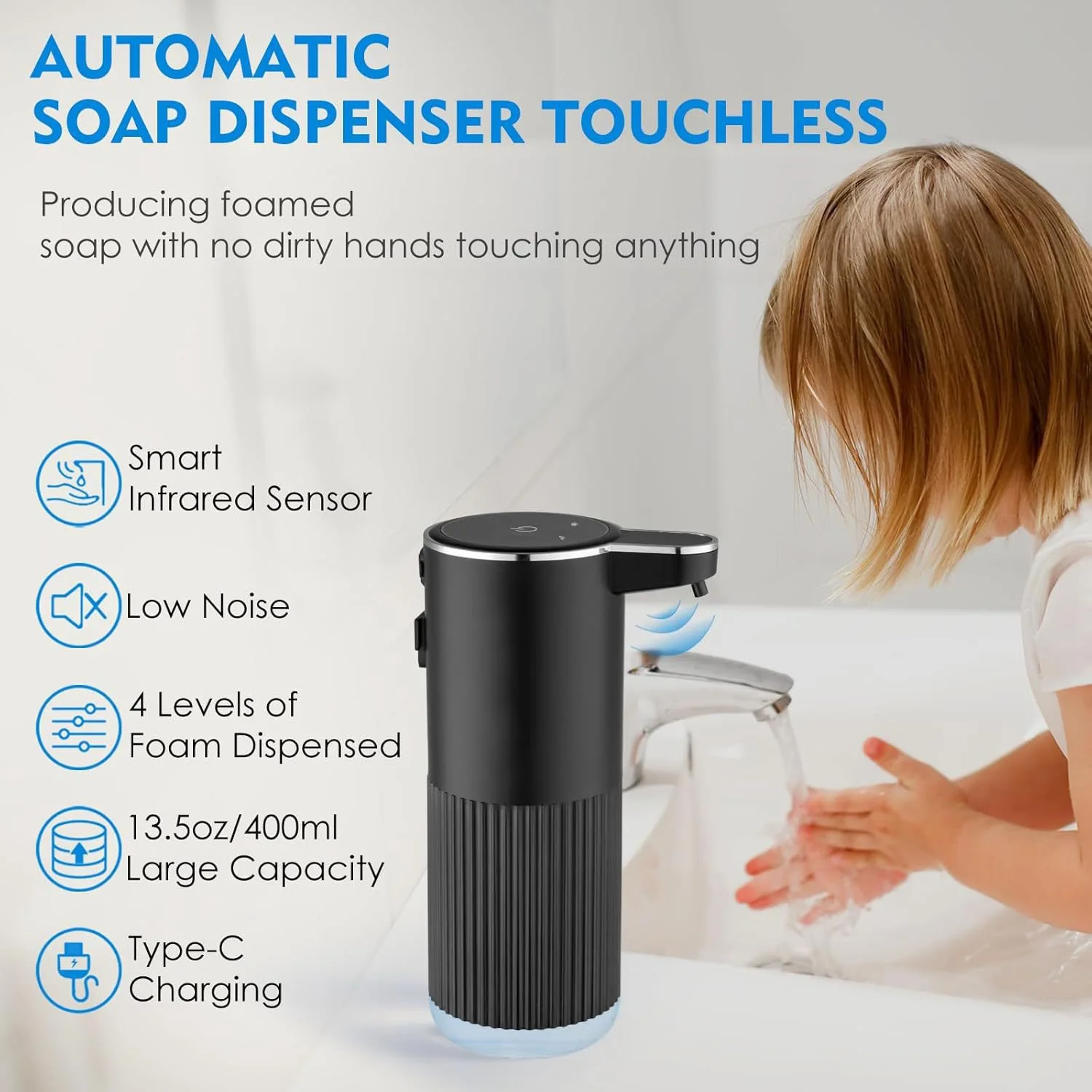 

400ML Capacity Automatic Soap Dispenser Touchless Foaming Dispenser USB Rechargeable Auto Induction Hand Sanitizer Disperser