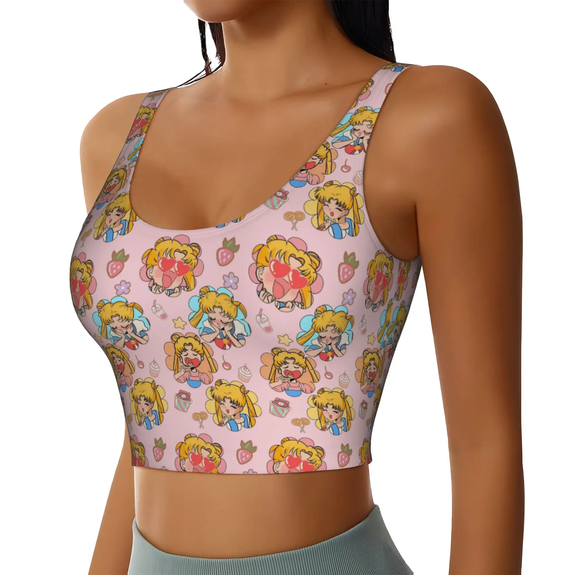 Custom Women's Sailors Anime Moons Sports Bra Usagi Tsukino High Impact Gym Workout Yoga Crop Tank Tops