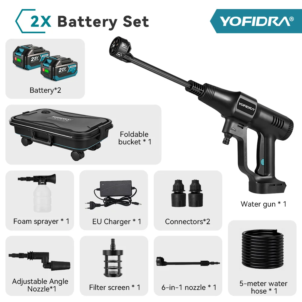 YOFIDRA 200Bar Borstelloze Hogedruk Autowaspistool Met Emmer Elektrische Tuinspuitpistool Voor Makita 21V Accu