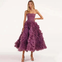 Modern Tea-Length Prom Dress Strapless Sleeveless with Pleat A-Line Open Back Women Lace Up Customized Wedding Party Gowns
