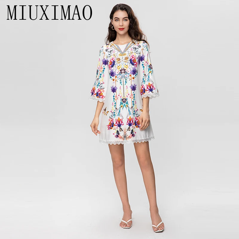 

MIUXIMAO 2023 High Quality Spring&Summer Elegant Dress Three Quarter Sleeve O-Neck Print Fashion Mini Dress Women Vestides