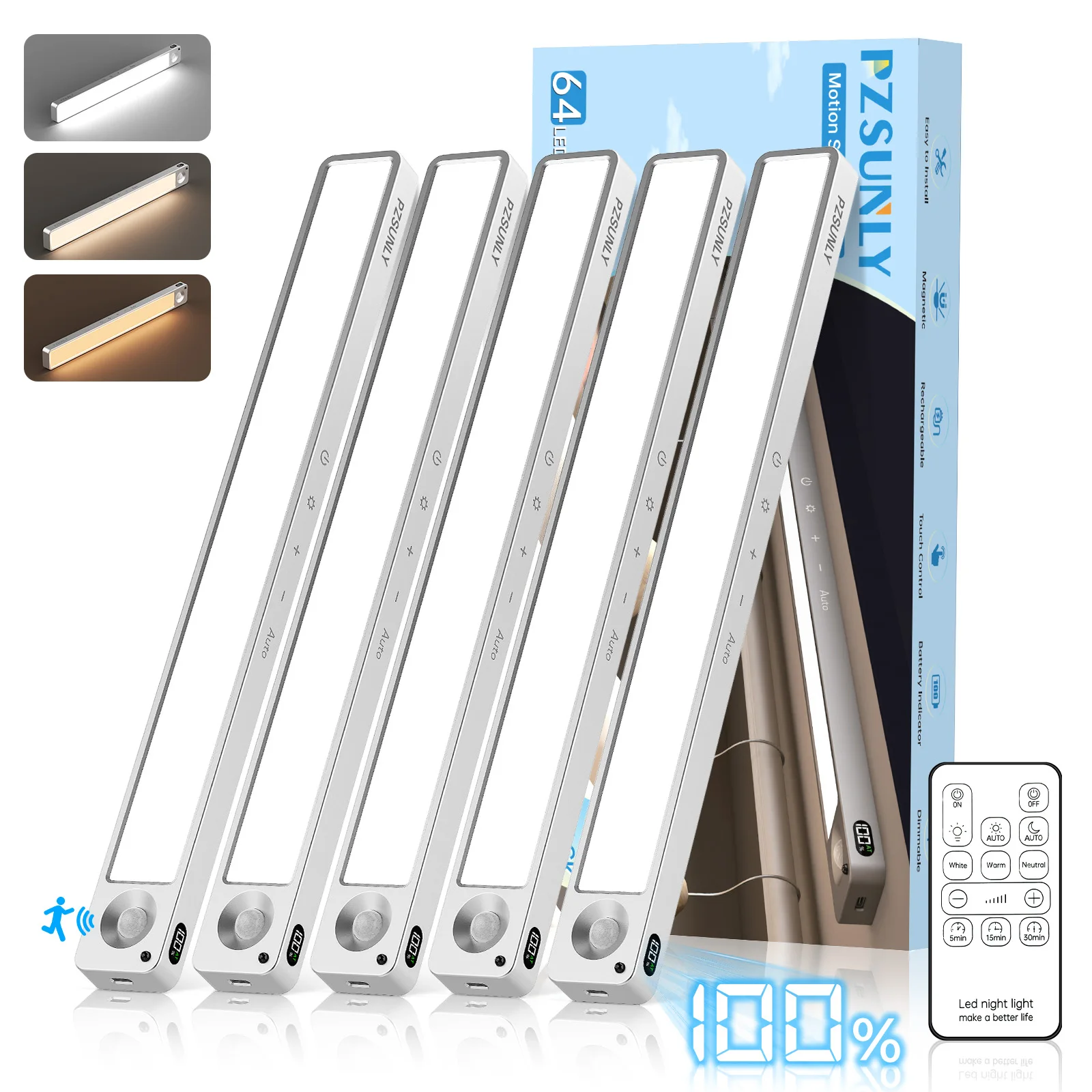 

LED Under Cabinet Lighting Wireless Rechargeable Motion Sensor Light Indoor Dimmable Closet Light with Remote Lights for Kitchen