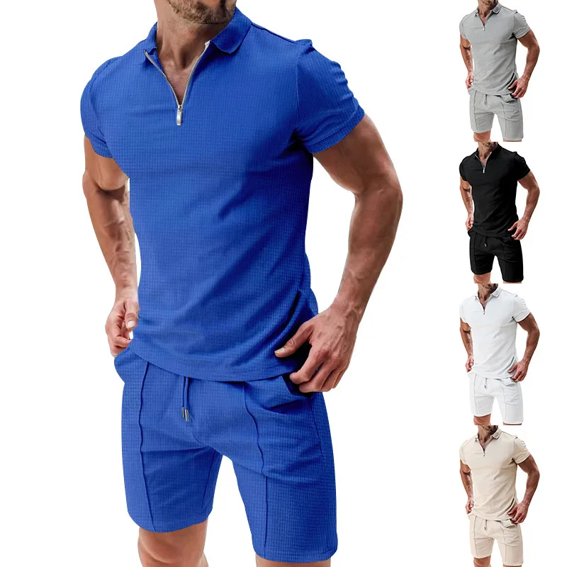 2024 masculino nova tendência transfronteiriça europeia e americana casual solto compras diárias conjunto de verão gola flip conjunto camiseta