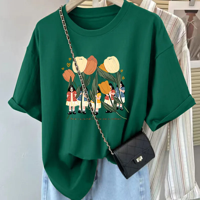 الملابس النسائية الأزهار القطن الخالص عارضة تي شيرت الصيف تنوعا فضفاضة قصيرة الأكمام تيز سيدة الأساسية طاقم الرقبة بلوزات على الموضة #3