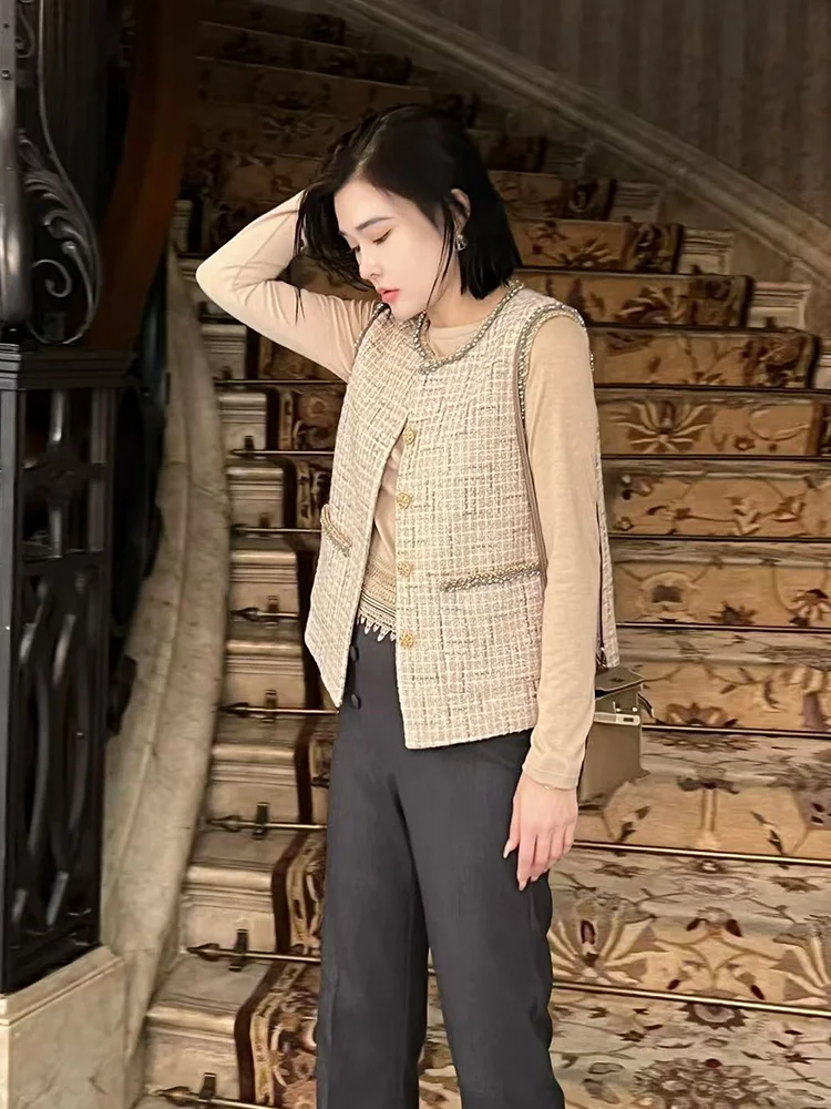 

Жилет Yuan Ling Luo e Li из твидовой ткани Golden Brown, круглой формы, из грубого твида, на одной пуговице, для осени-зимы, в стиле Commute Wind
