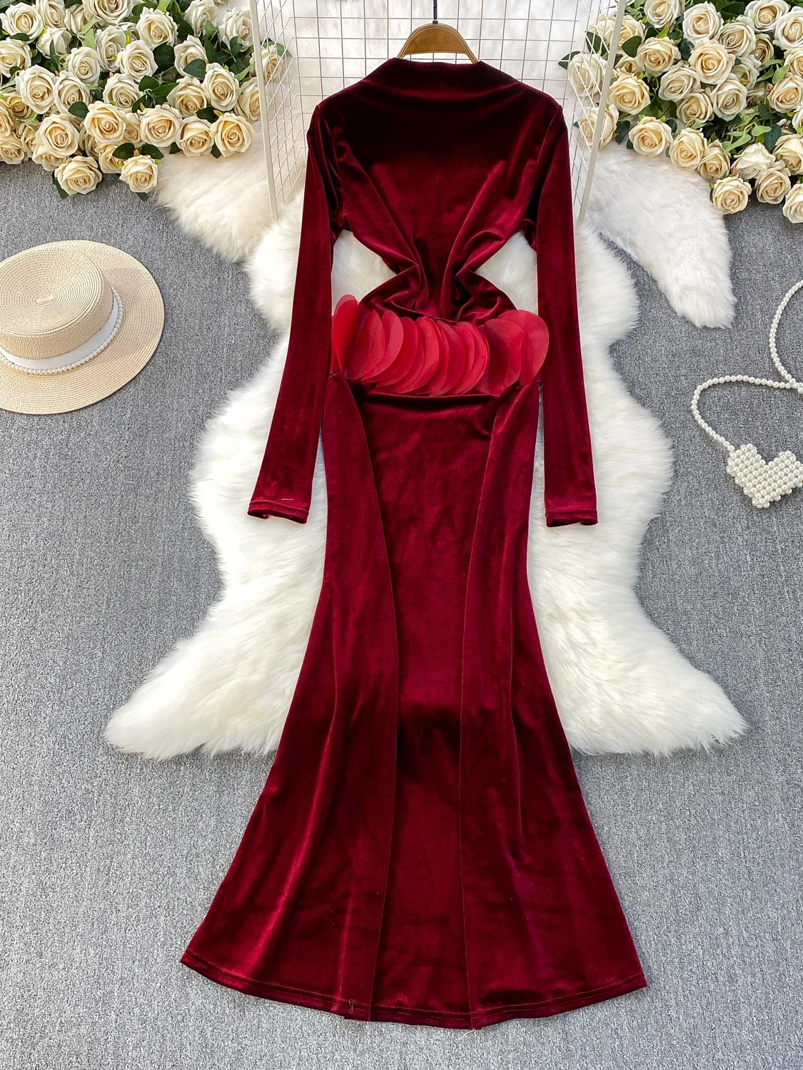 Ele Velvet ثوب نسائي بقصة ضيقة عالي Ne Dr Tee Dimensional بتلة مزخرفة ثوب حفلة Sle مضاد للبيلينغ #3