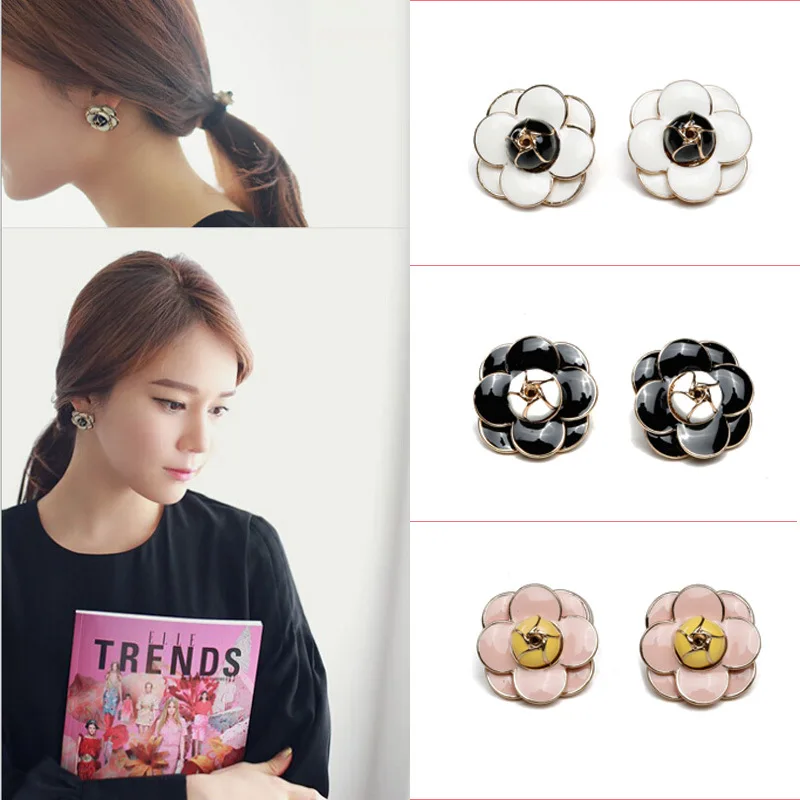 ladies simple black white camellia earrings women's enamel flower earrings