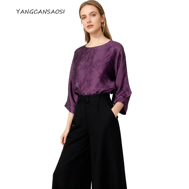 

Purple Frost Leaf Jacquard 100% Natural Mulberry Silk Jacquard Satin Three-quarters Sleeve Women's Round Neck Casual T-shirt