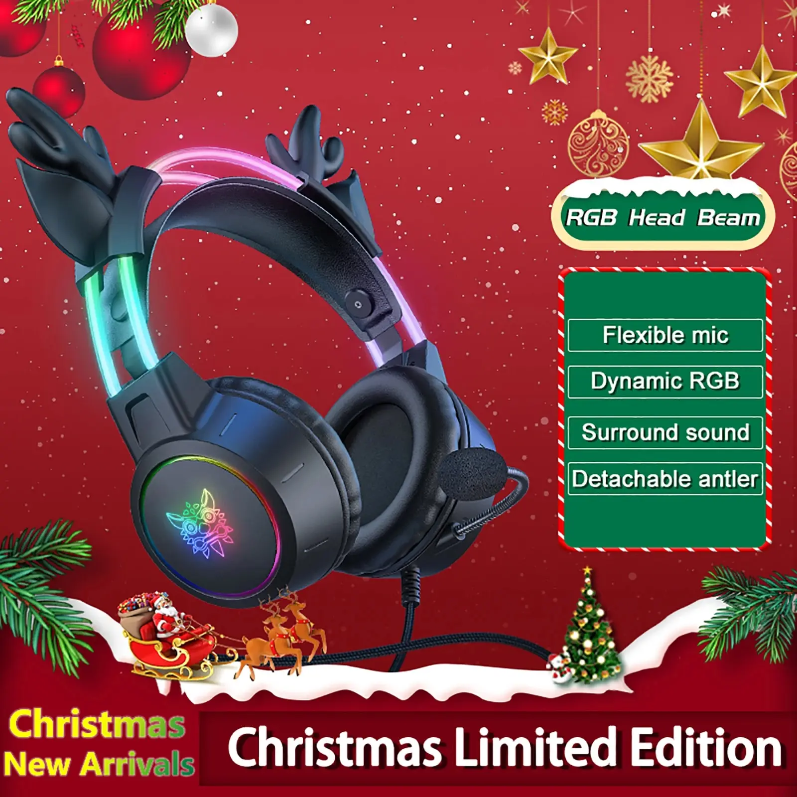 ONIKUMA Gaming Headset for 2024 New Christmas Gift with Holder Detachable Antlers RGB Light Headphones Noise Cancelling With Mic