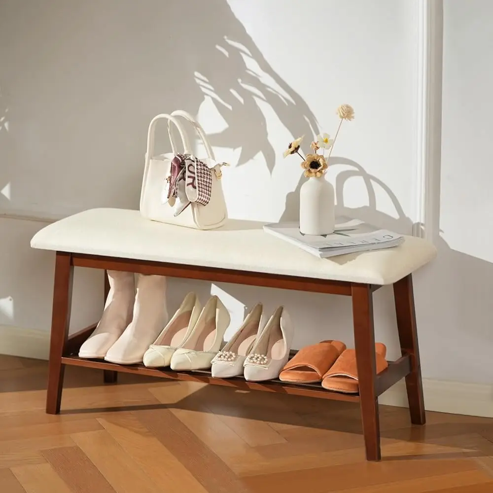 

Entryway Shoe Bench, 35.4"" Bamboo Bench For Bedroom End Of Bed, 2-Tier Shoe Ra With Cushion Padded Seat, Shoe Organizer Stable