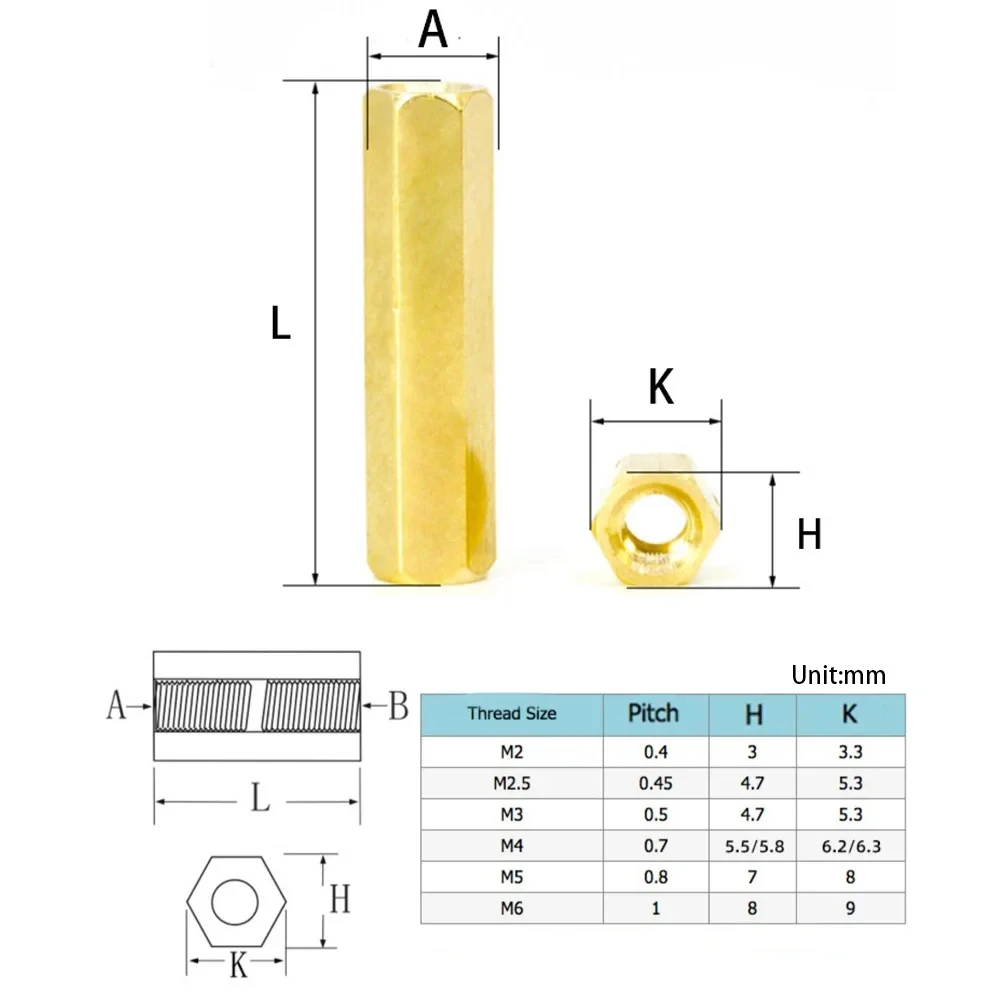 더블 패스 육각 황동 암 스탠드오프 기둥 스터드 마운트 스페이서 육각 PCB 마더보드 너트 할로우, M2 M2.5 M3 M4 M5 M6, 5-50 개