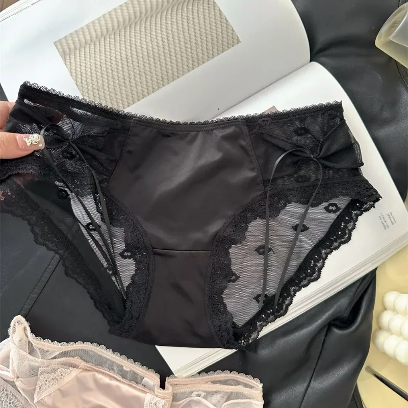 ملابس داخلية نسائية فرنسية فاخرة من الدانتيل الساتان مثيرة جديدة 24 سراويل مثلثة منخفضة الخصر بعقدة على شكل فراشة ملابس داخلية نسائية حلوة جلطة منزلية