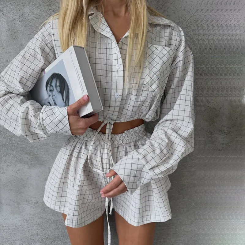 2026 Women's Autumn Winter Pure Cotton Pajamas Set, Skin-Friendly Plaid Long Sleeve Top Shorts Breathable Loungewear