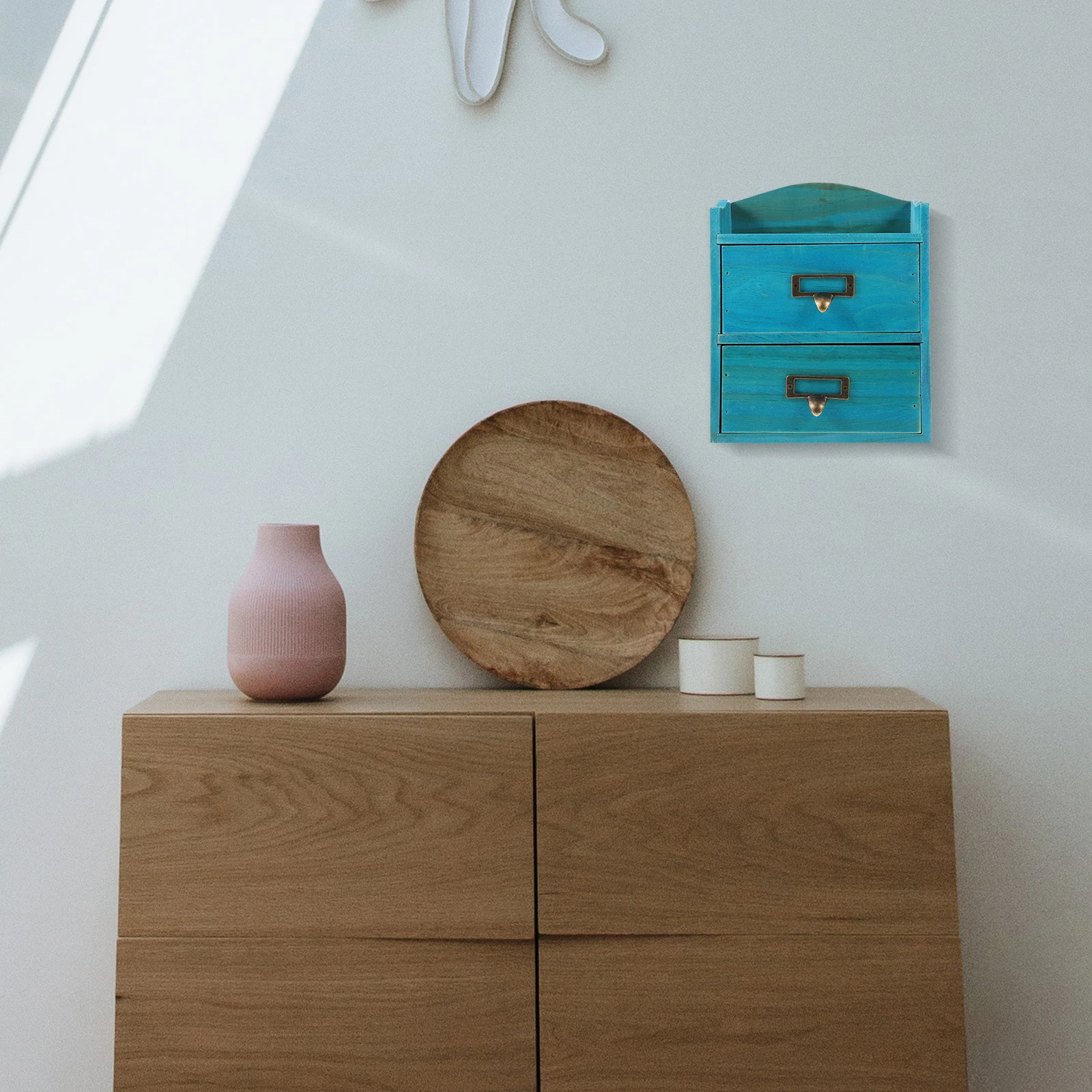 

Solid Wood Storage Box Vintage Mini Desktop ganizer 2 Drawers Water Blue Round Head Jewelry Toiletry Storage Solution