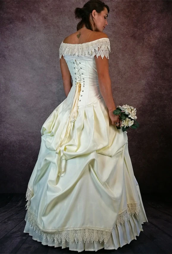 Elfenbein Viktorianischen Hochzeit Kleid Boot-ausschnitt Kurzarm Gothic Braut Ballkleid Falten Geraffte Bodenlangen Land Robe De Mariee