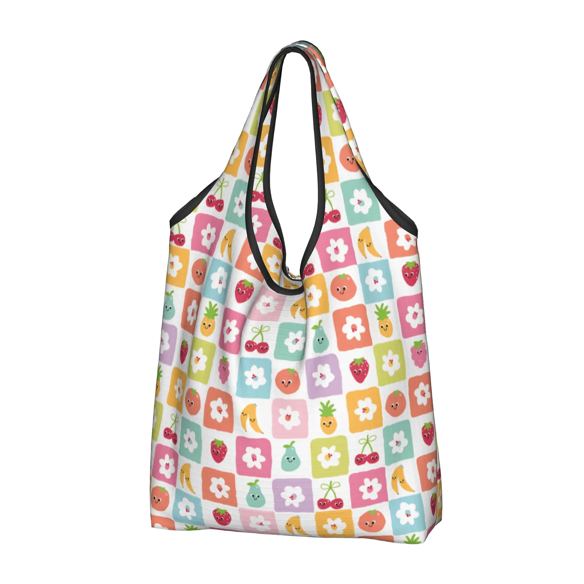 Strawberry Fruit Checkerboard Grocery Shopping Bags Custom Shopper Tote Shoulder Bag Big Capacity Portable  Handbag