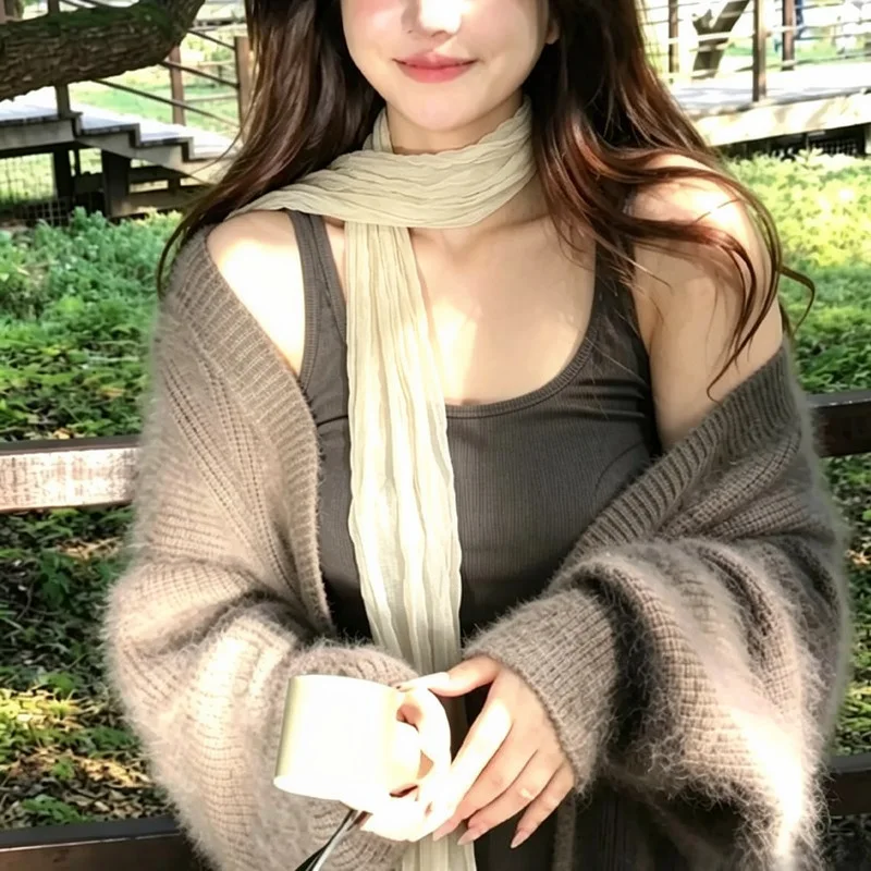 Korean Style Long Pleated Scarf For Women Solid Color Wrinkled Chiffon Silk Neck Head Scarves Small Skinny Hair Band Tie Bag