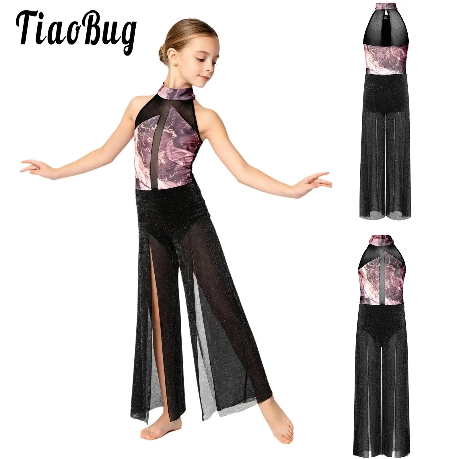 

Kids Girls Shiny Mesh Lyrical Gymnastic Dance Jumpsuits Sleeveless Patchwork Split Long Pants Rompers for Ballet Dance Skating