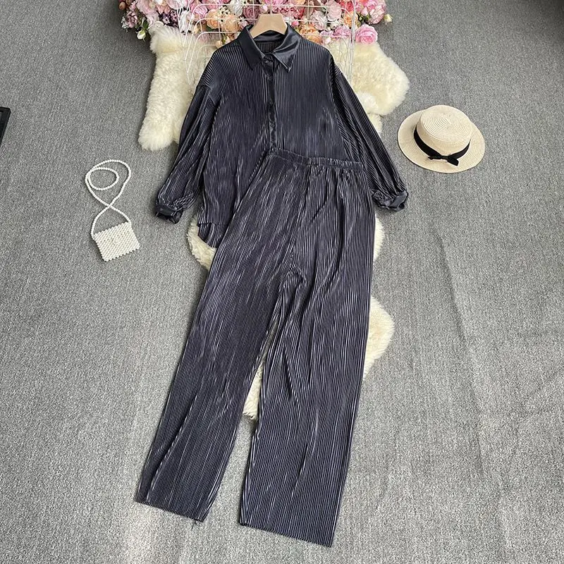 Women Casual Two Piece Set Outfits Office Lady Long Sleeve Elegant Loose Shirt And Pressed Pleated Long Wide legPants Autumn Set