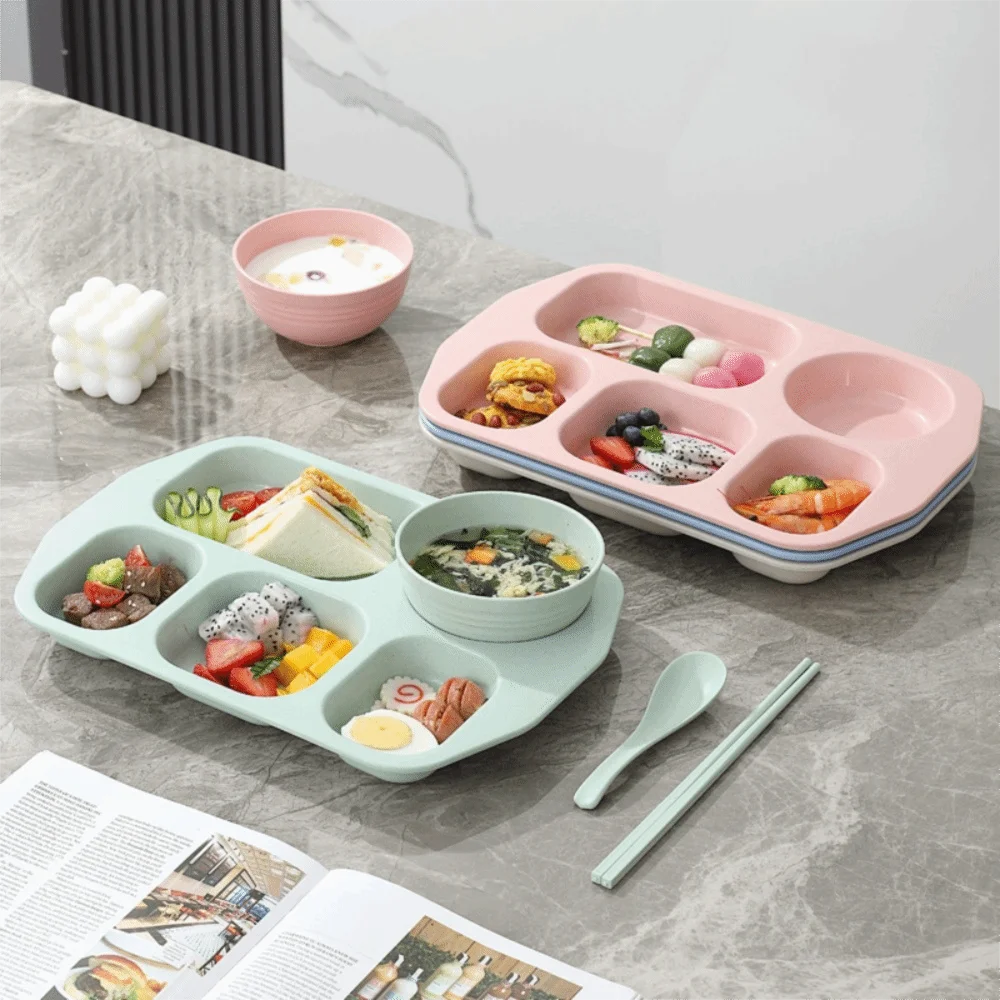 5 Compartment Divided Student Meal Plate Set Microwave-safe Drop-proof Divided Food Plate with Bowl and Tableware Plastic