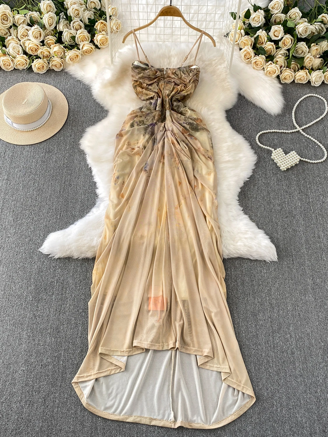 E Vestido Vintage con Tirantes en V para Mujer, Vestido Largo Asimétrico con Estampado E para Verano, Estilo Ca...