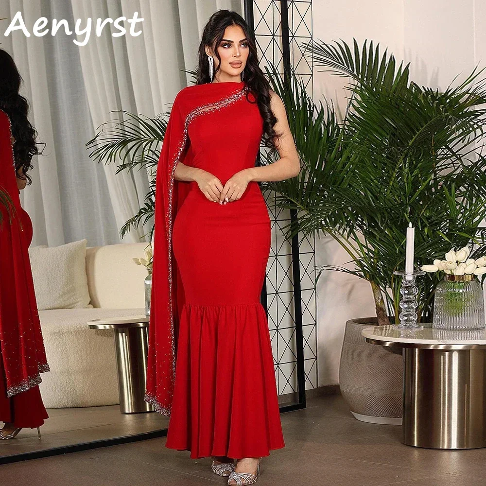 

Arabia Red One Shoulder Mermaid Saudi Arabia Prom Dresses With Shawl Beading Evening Gowns Floor Length Christmas Party Dress