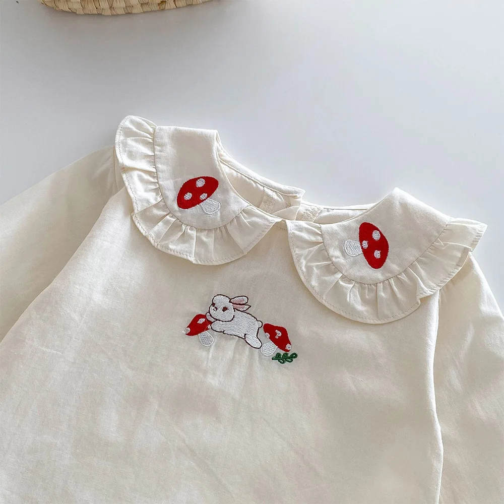 Toddler Girl Long Sleeve Tops Peter Pan Collar Ruffles Embroidery Princess Birthday Kids Boutique Clothing Girls Blouse