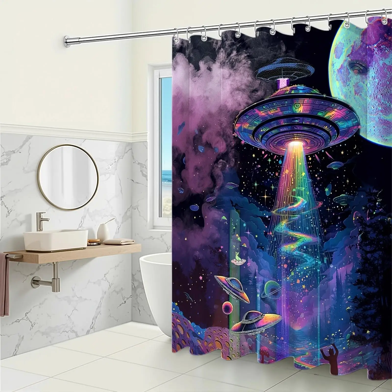 Vibrant Sci Fi Galaxy UFO Beam Shower Curtain Cosmic Space Alien Landscape Bathroom Decor
