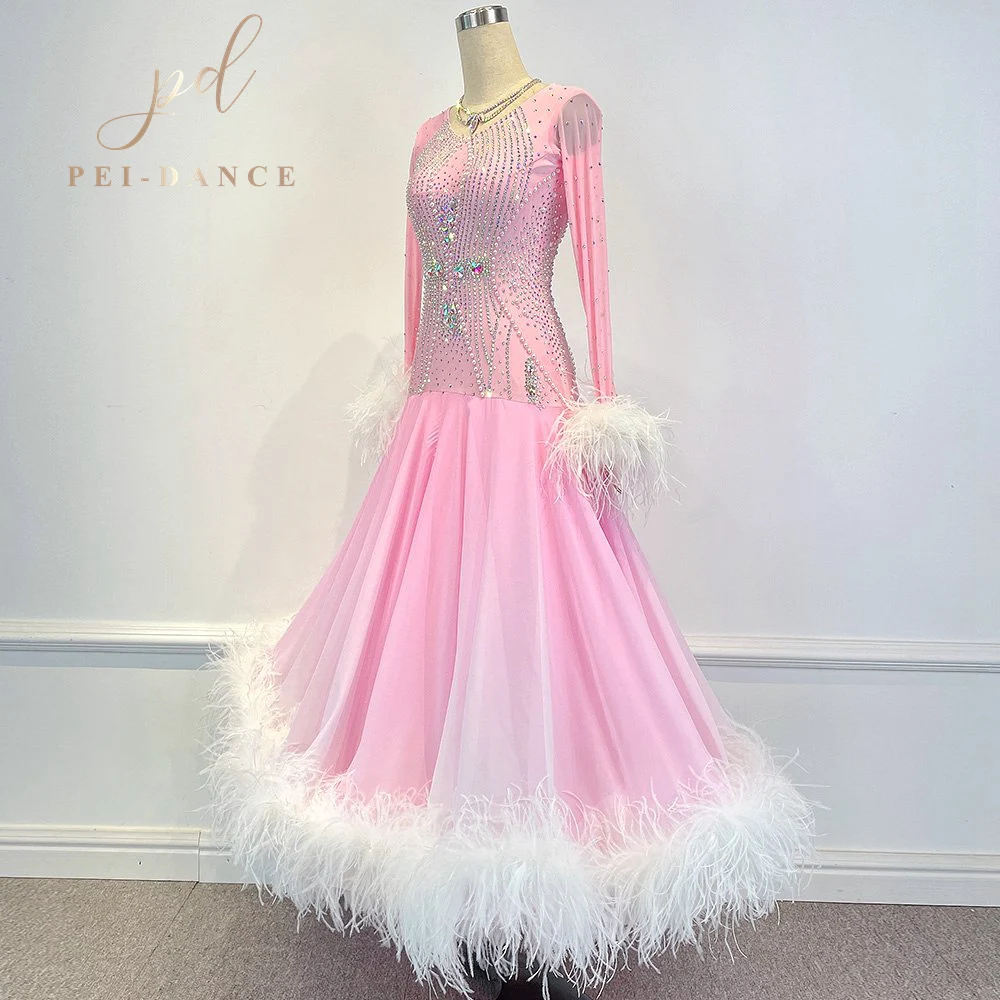 2024 New Design Shading Pink On White Standard Ballroom Modern Waltz Dance Competition Dress Lady Dancing Skirt