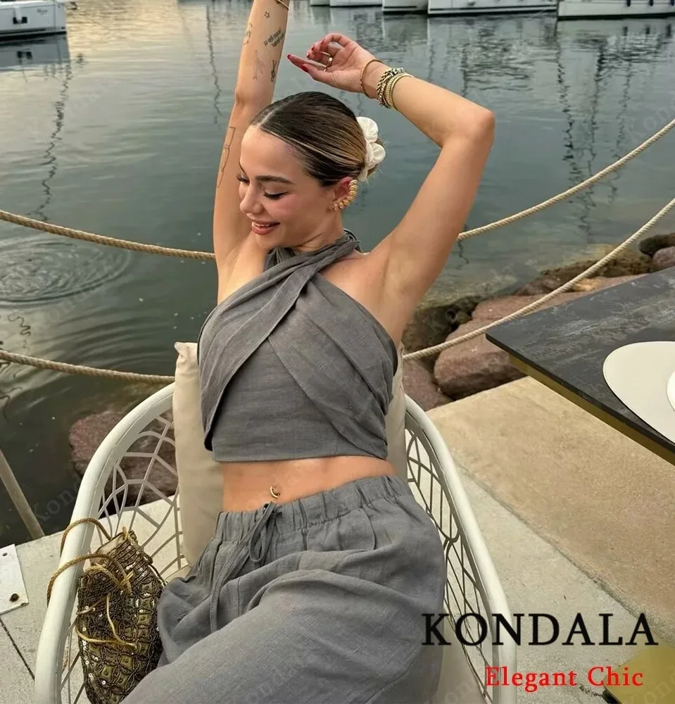 KONDALA مثير عادية كروس بروتيل مجموعة علوية المرأة الجديدة 2025 الربيع الصيف موضة عطلة الشاطئ مجموعة بناطيل رجالي الرسن مع بانت