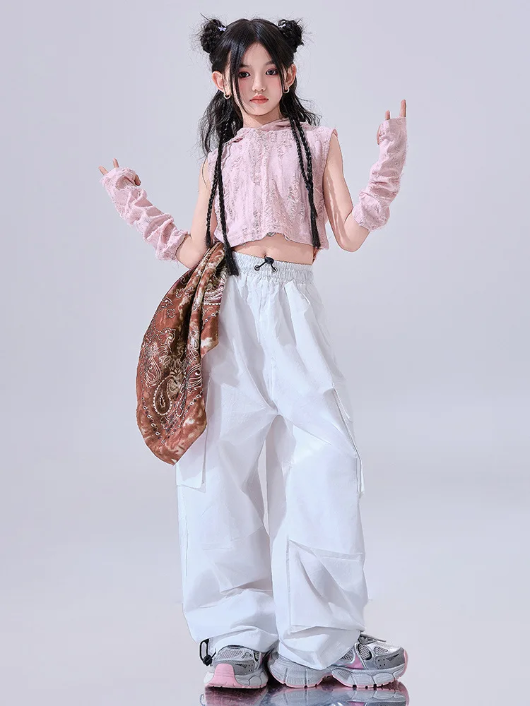 

Jazz Dance Costumes Girls Kpop Performance Wear Hip Hop Set Pink Crop Top Hoodie White Shuffle Pants Children's Clothing