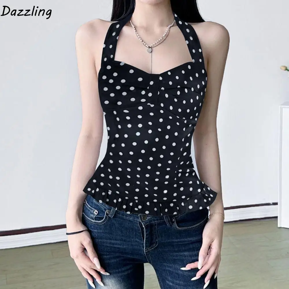 

Fashion Dot Sleeveless Crop Top Y2k Slim Fit Halter Ruffle Vest Top Lace Up Chic Women Camisole Summer