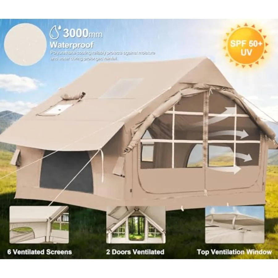 Inflatable camping tents with stove jack for 2/4/6/8 persons, waterproof all-season air house glamping tents with awning, easy-