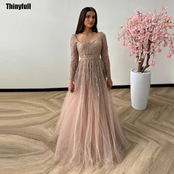 Thinyfull A-line Tulle Prom Dresses Long Sleeves Sweetheart Sequin Evening Party Dress Formal Occasion Gown Customized