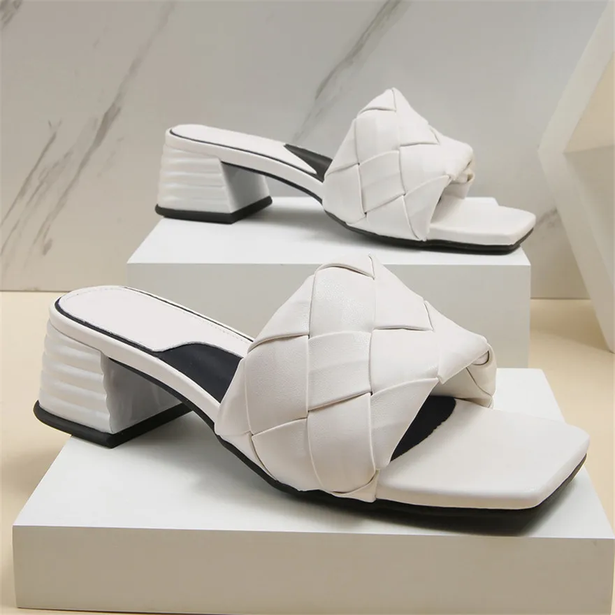 Women Fashion Design Weave Soft Slippers Purple White Square Heels PU Leather Woman Shoes Party Summer Female Square Toe Sandals