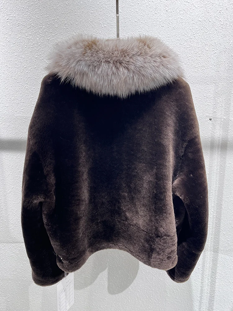 Manteaux en fourrure de mouton mérinos naturel pour femme, veste en cuir véritable, col en vraie fourrure de renard, épais et chaud, vêtements d'extérieur, hiver 2025