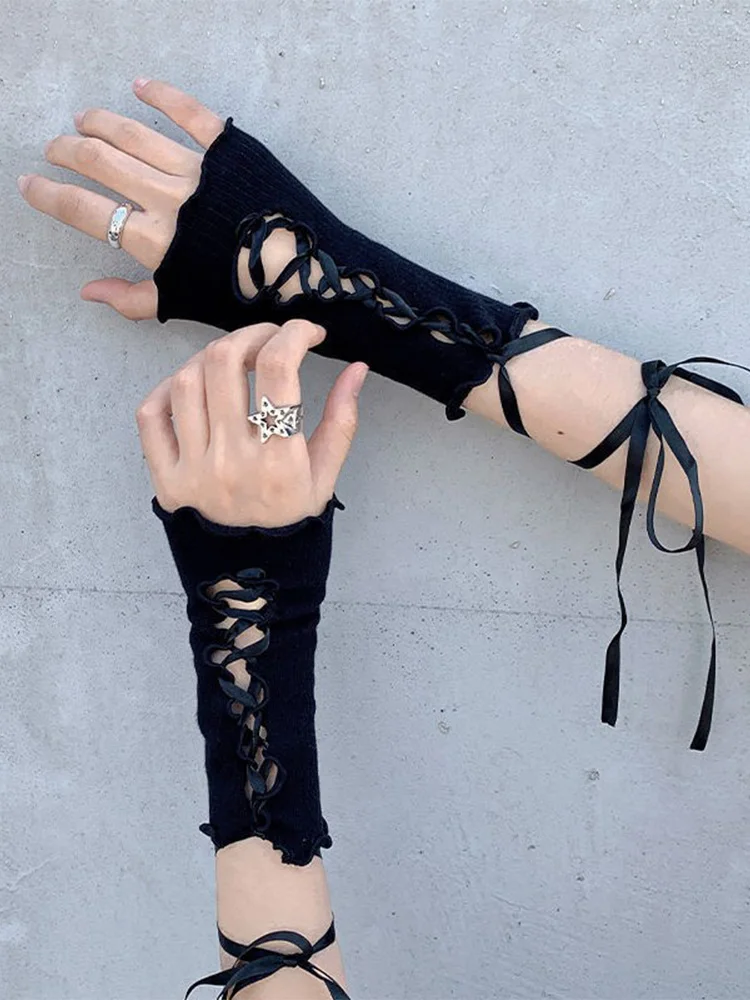 Рукава на бретелях JK Девушка с открытыми пальцами Перчатки в стиле Харадзюку Нишевый комплект с рукавами Y2k Сексуальный кружевной ажурный и стильный чехол на рукав