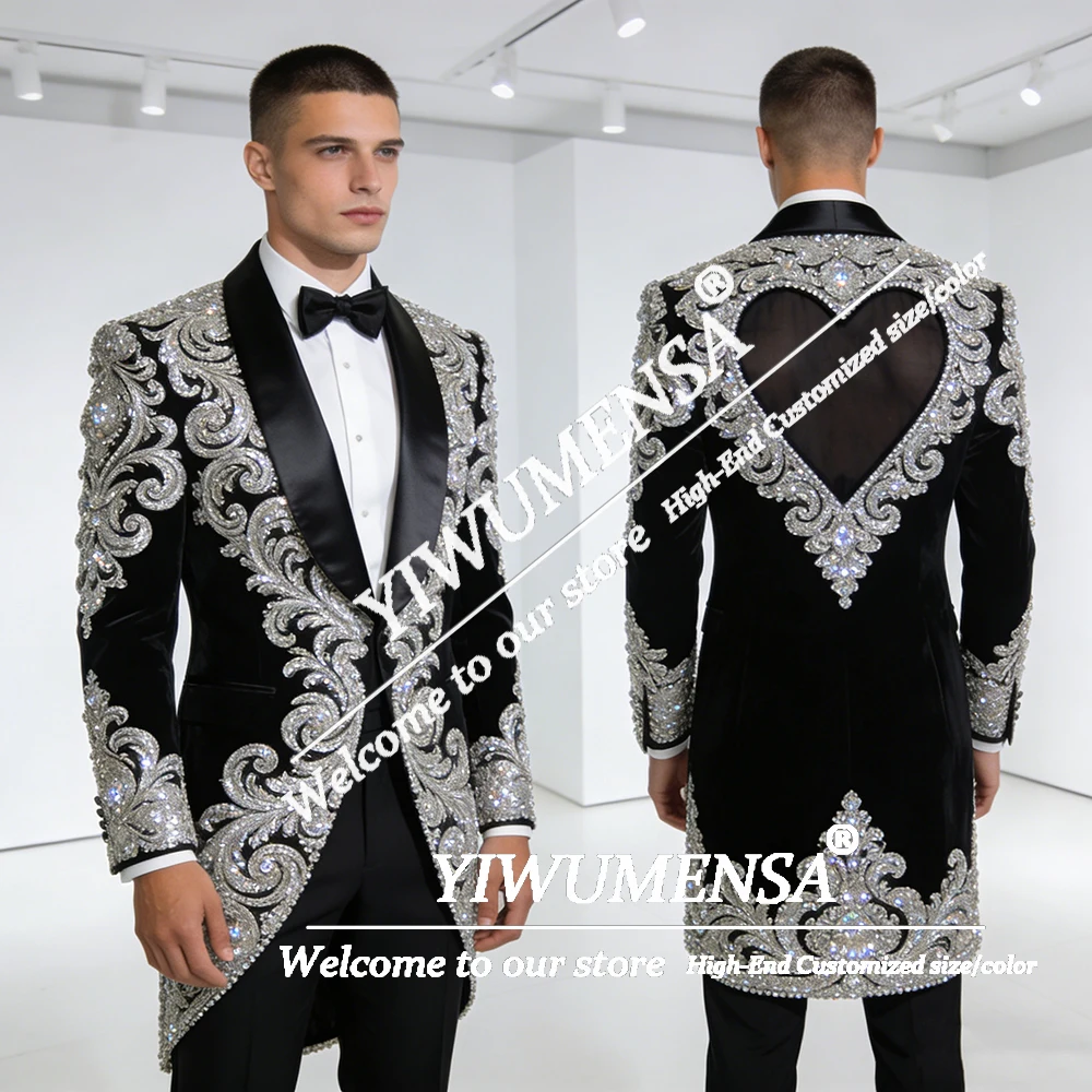 

Rhinestones Crystals Suits Men 2 Piece Set Shawl Lapel Groom Tuxedos Prom Blazers Long Customized Wedding Outfits Ropa Hombre