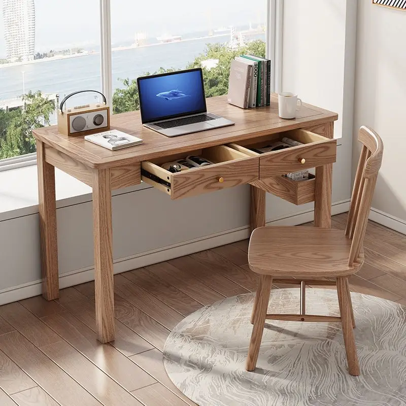 Design Ash Wood Computer Desk with Storage Drawer Solid Modern Office Desk Room Furniture