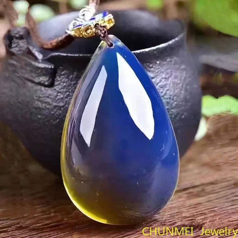 Natural Dominica Blue Amber Pendant Water Drop Sweater Chain Raw Ore Honey Wax Amber Pendant Necklace for Men and Women