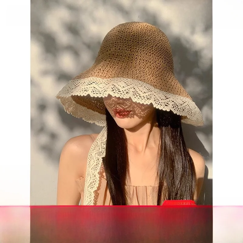 Viney المرأة كبيرة حافة St قبعة الدانتيل طوي قبعة واقية من الشمس عادية Sle قابل للتعديل قمة مستديرة للسفر في صيف 2025