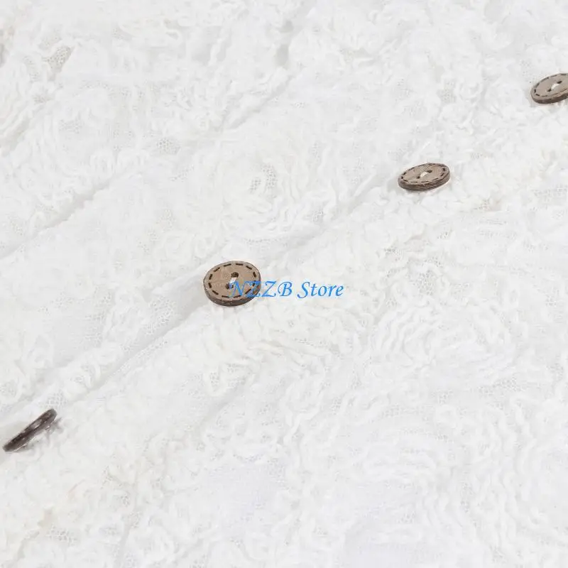 

T21F Women Autumn Korean Lace Long Sleeve Blouse V-Neck Button Down Cropped Cardigan Hollow Crochet Floral See Through for