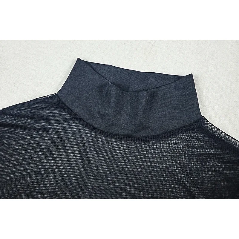 2025 Autumn Mesh Sheer Patchwork Pleated Skinny Dress Women Sexy Spicy Girls Turtleneck Full Sleeve A-line Club Partywear Dress