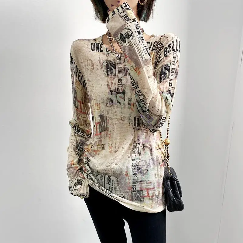 Korean Casual Letter Printed Thin T-shirt Women\'s Clothing Autumn Trendy Slim All-match Long Sleeve Pullovers Tops for Female