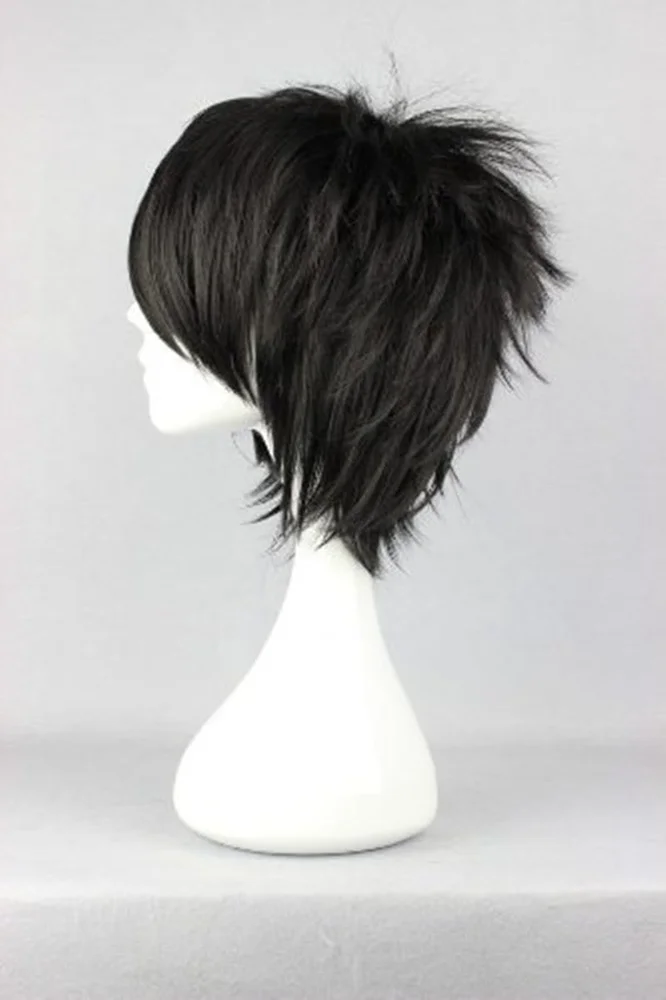 Peluca corta negra para Cosplay, pelo sintético resistente al calor, esponjoso, Emo