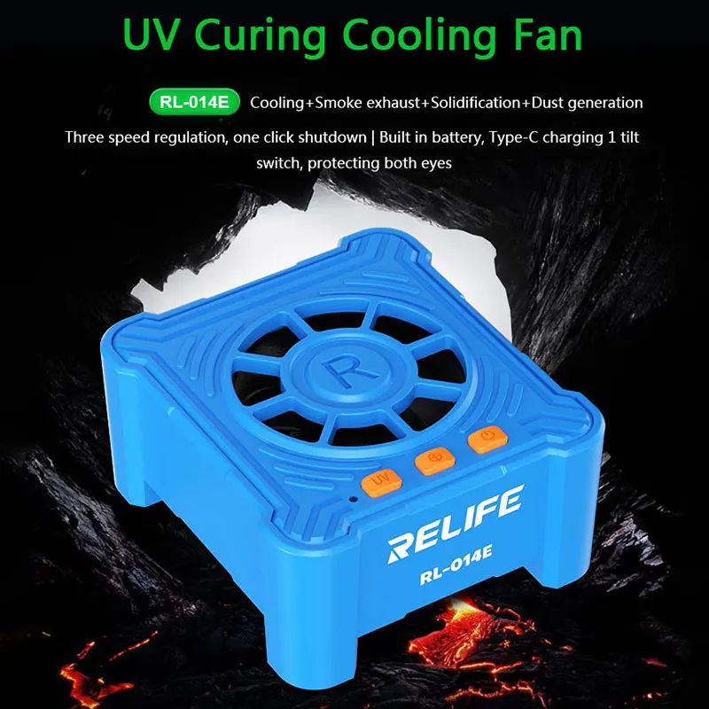 

RELIFE RL-014E Охлаждающий вентилятор с УФ-отверждением, 6 Вт, двойные лампы SMD, бусины с 3-скоростным вентилятором Type-C для обнаружения пыли с УФ-клеем, дыма