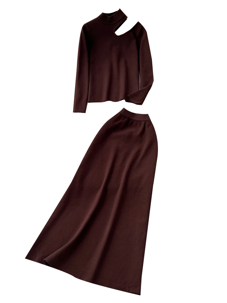 سترة نسائية محبوكة طويلة من Laid-ba Sle وتنورة تنحيف عالية الخصر طقم ملابس خريفية #5