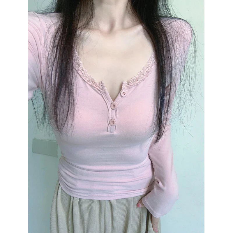 

Faionable Long Sve Fce Lined Slim Fit Base irt Женская внутренняя одежда V Ne T irt Commute Sle Тонкий материал