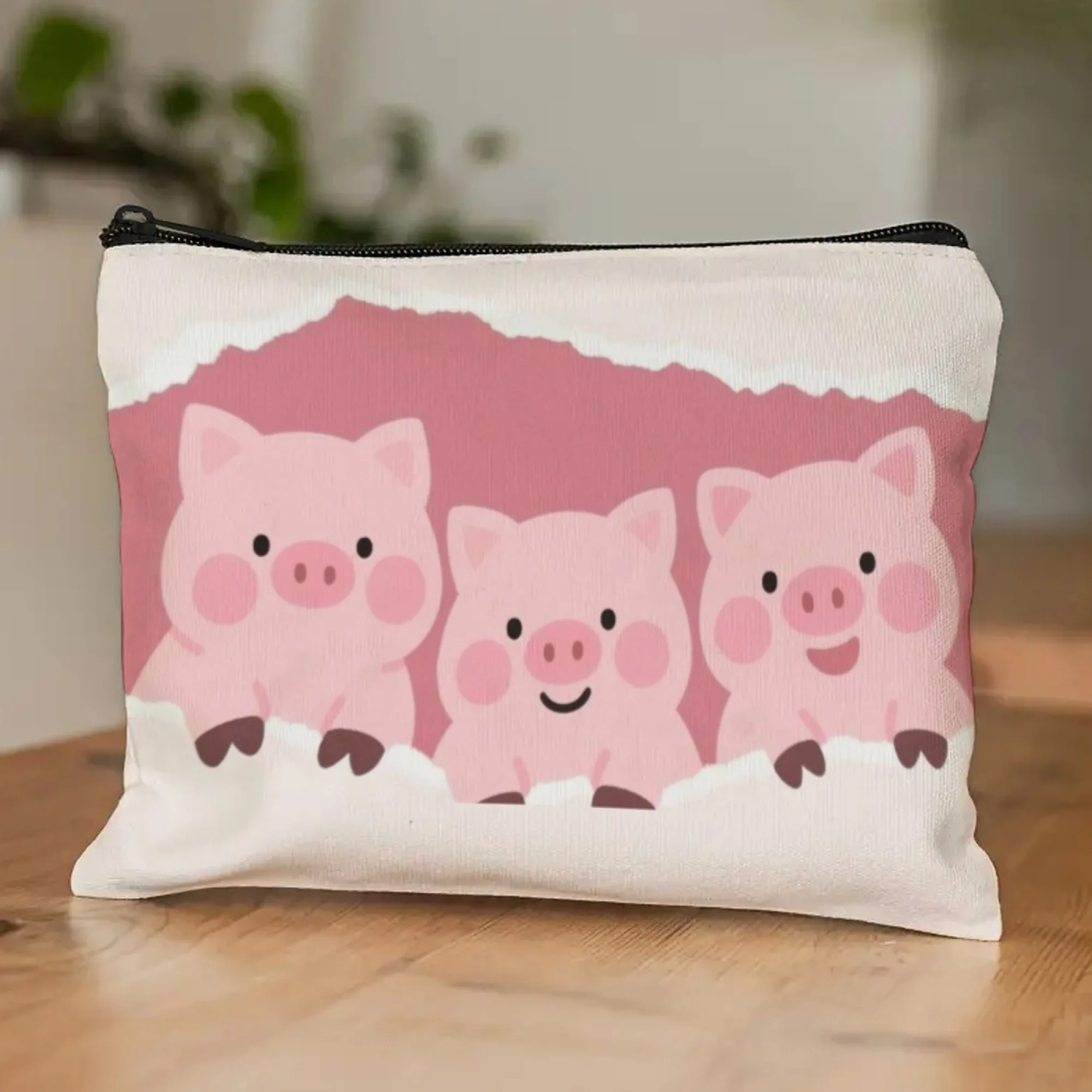 Süße Cartoon-Rosa-Schwein-Kosmetiktasche aus weichem Polyester mit bezauberndem Schwein-Trio-Design für den täglichen Gebrauch auf Reisen, Geschenke für die Kindheit