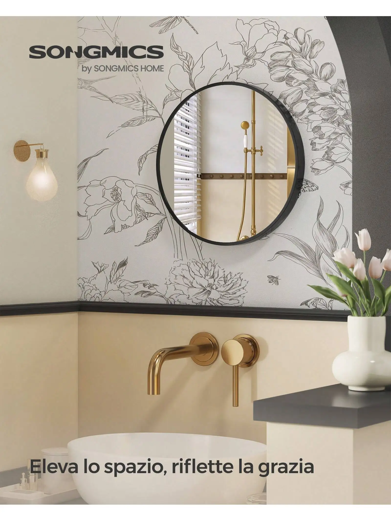 SONGMICS Round Mirror: 40.7 cm Bathroom Mirror, Metal Frame, Easy Install, Modern for Bathroom, Living Room, Bedroom